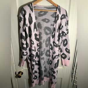 🌸NO BRAND WOOL BLEND OPEN CARDIGAN LEOPARD PRINT PINK GRAY WINTER WARM SWEATER
